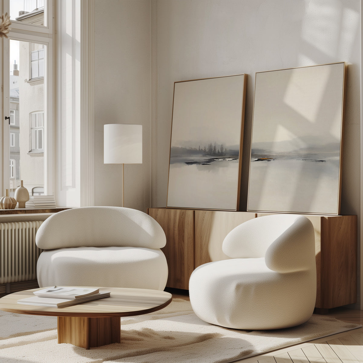 A modern living room with two curved white armchairs, a round wooden coffee table, a wooden sideboard, large windows, and the "Peaceful Lake Morning - Set Of 2" minimalist artwork for a serene atmosphere.