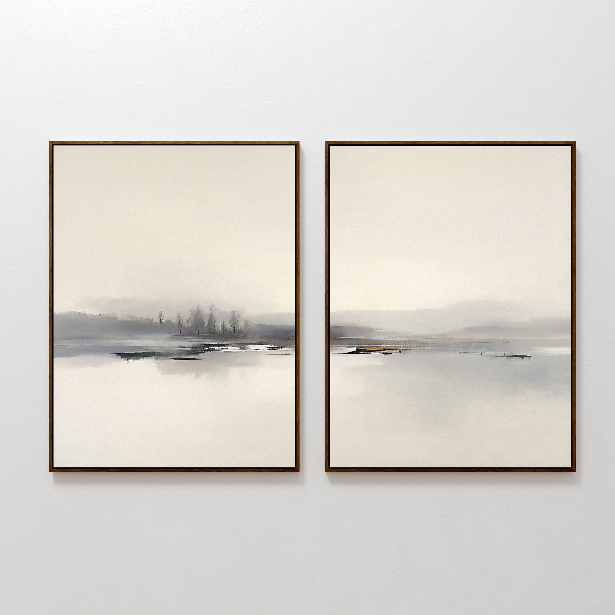 The "Peaceful Lake Morning - Set of 2" features minimalist landscape prints: one with faint trees reflected on water, the other with a misty lake in light gray and beige, both creating a peaceful atmosphere.
