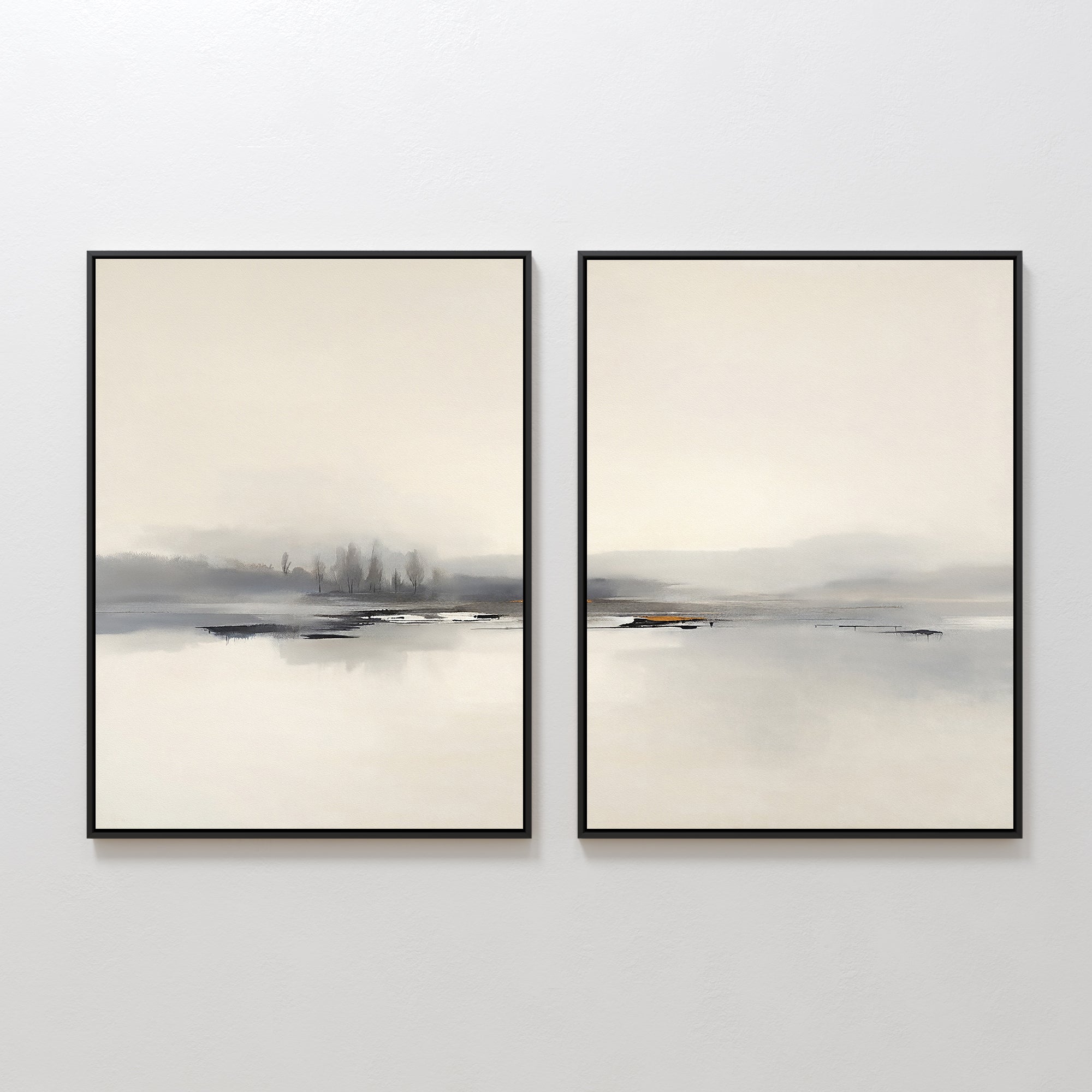 The "Peaceful Lake Morning - Set Of 2" features minimalist framed artworks with soft gray and beige tones, depicting a serene lake scene with misty water and distant trees—perfect for creating a peaceful atmosphere on your wall.