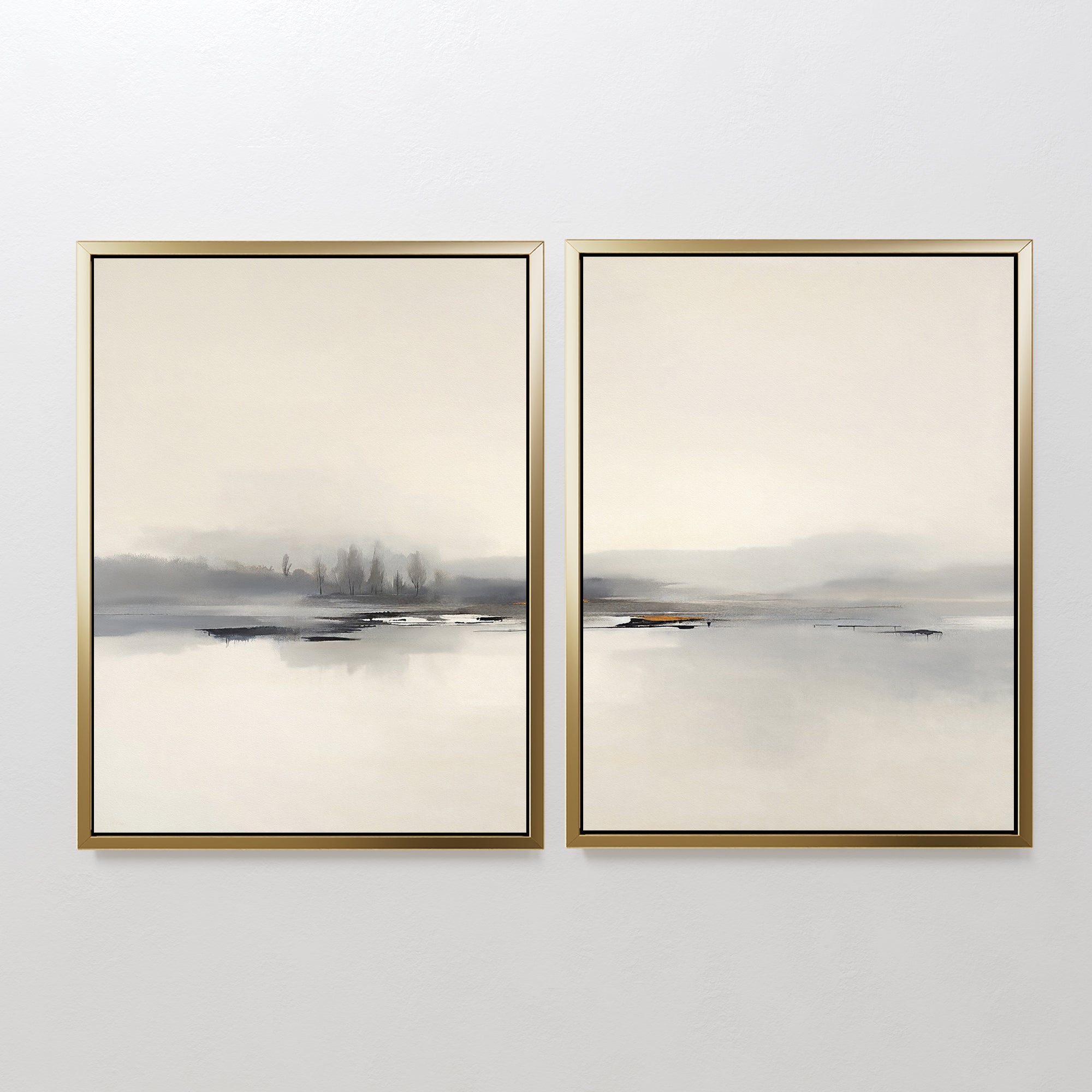 The "Peaceful Lake Morning - Set Of 2" features minimalist landscape prints in gold frames with soft gray and beige tones, depicting tranquil water and distant trees, perfect for creating a peaceful atmosphere on any white wall.