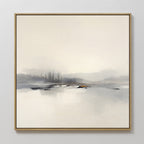 The Peaceful Lake Morning Canvas Art - Square features a calm, misty lake with distant trees in soft neutral tones, creating a serene landscape print that brings peaceful, minimalist beauty to any space.