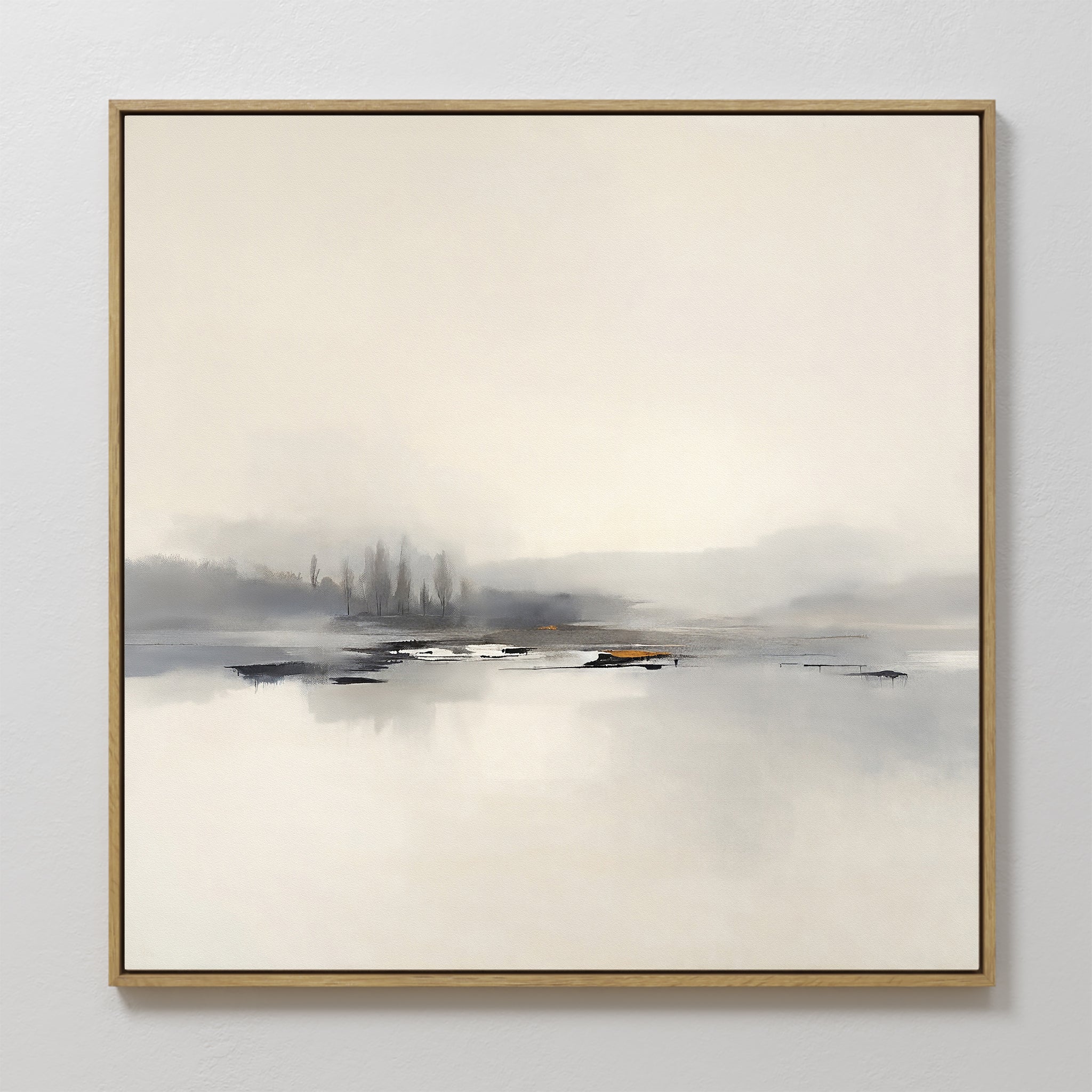 The Peaceful Lake Morning Canvas Art - Square features a calm, misty lake with distant trees in soft neutral tones, creating a serene landscape print that brings peaceful, minimalist beauty to any space.