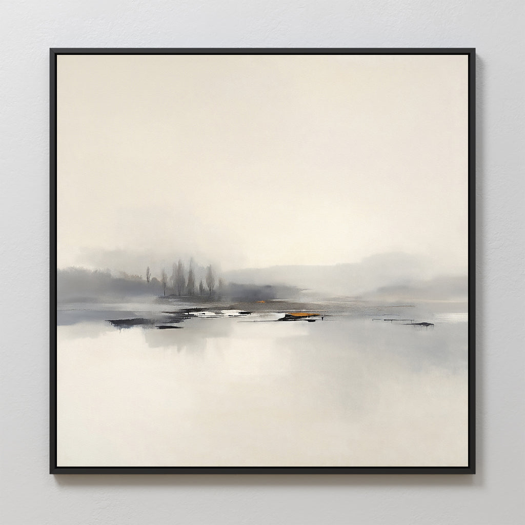 The Peaceful Lake Morning Canvas Art - Square features a minimalist misty landscape in soft gray and beige, with blurred treeline and calm water reflections, framed in thin black for a serene touch to any space.