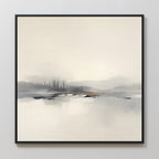 The Peaceful Lake Morning Canvas Art - Square features a minimalist misty landscape in soft gray and beige, with blurred treeline and calm water reflections, framed in thin black for a serene touch to any space.