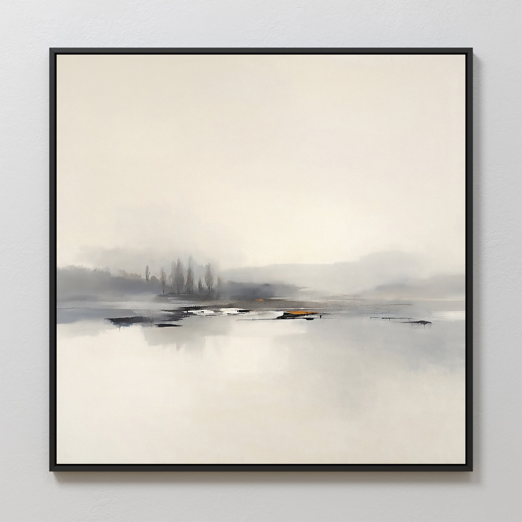 The Peaceful Lake Morning Canvas Art - Square features a minimalist misty landscape in soft gray and beige, with blurred treeline and calm water reflections, framed in thin black for a serene touch to any space.