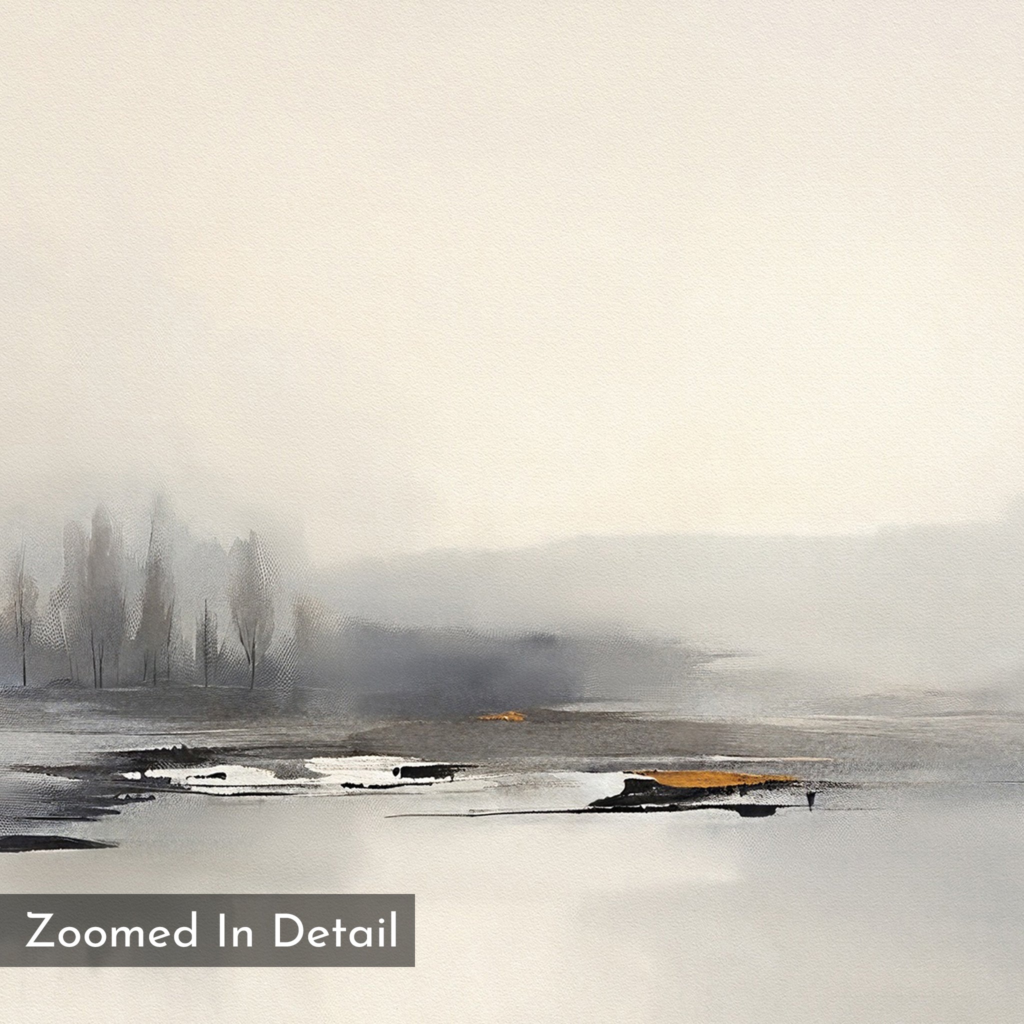 The "Peaceful Lake Morning Canvas Art - Square" showcases bare trees and reflective water in soft, misty hues. Muted grays and hints of orange evoke a peaceful mood. “Zoomed In Detail” appears in the bottom left corner.