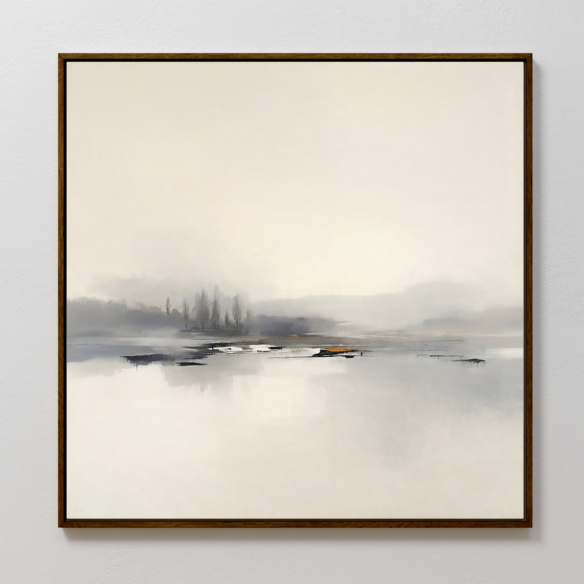 The Peaceful Lake Morning Canvas Art - Square features a serene, minimalist scene of a misty lake with distant trees in muted tones, soft brushstrokes, and is presented in a thin dark wooden frame against a white wall.
