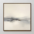 The Peaceful Lake Morning Canvas Art - Square features a serene, minimalist scene of a misty lake with distant trees in muted tones, soft brushstrokes, and is presented in a thin dark wooden frame against a white wall.