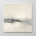 The Peaceful Lake Morning Canvas Art - Square showcases a minimalist, foggy lakeside scene in muted gray and beige tones with faint trees and calm waters, creating a tranquil atmosphere perfect for relaxation.