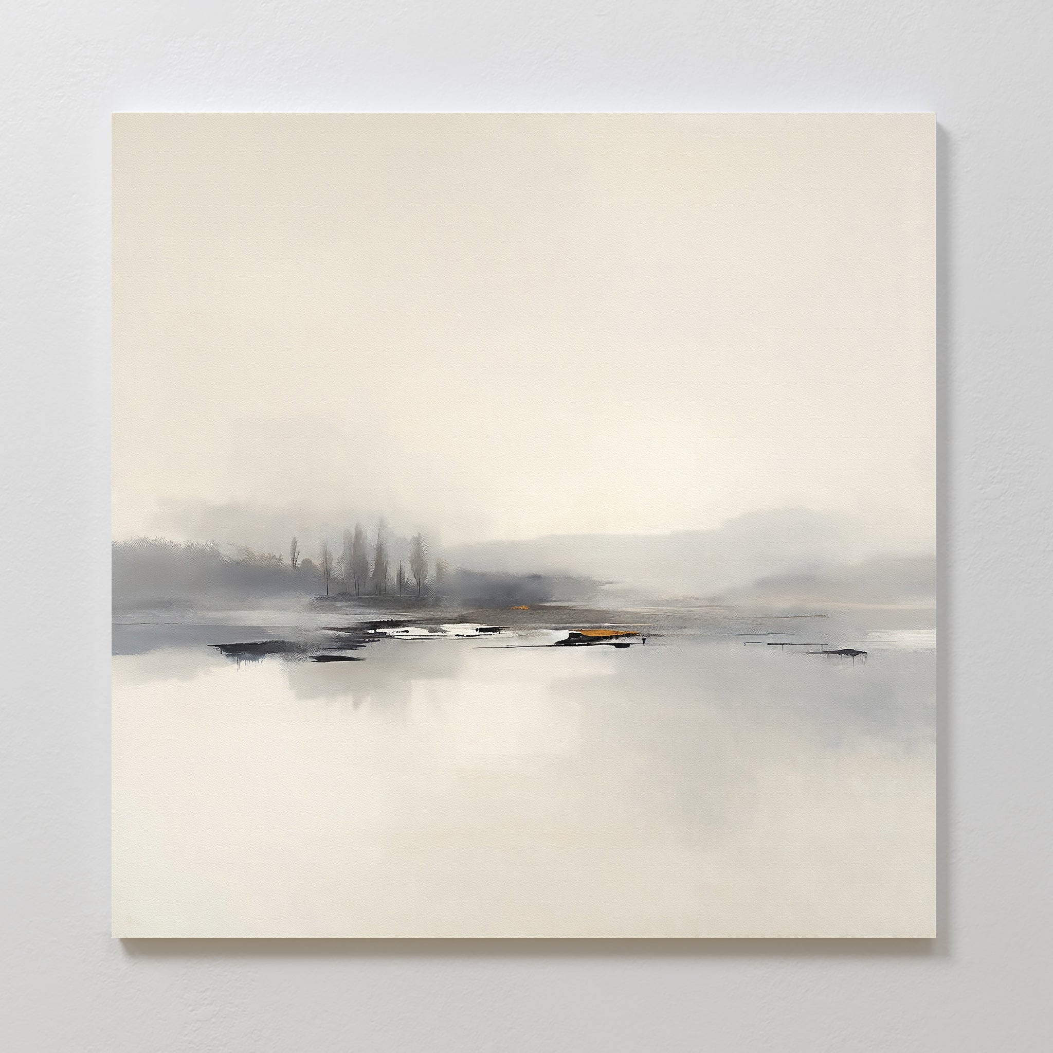 The Peaceful Lake Morning Canvas Art - Square showcases a minimalist, foggy lakeside scene in muted gray and beige tones with faint trees and calm waters, creating a tranquil atmosphere perfect for relaxation.