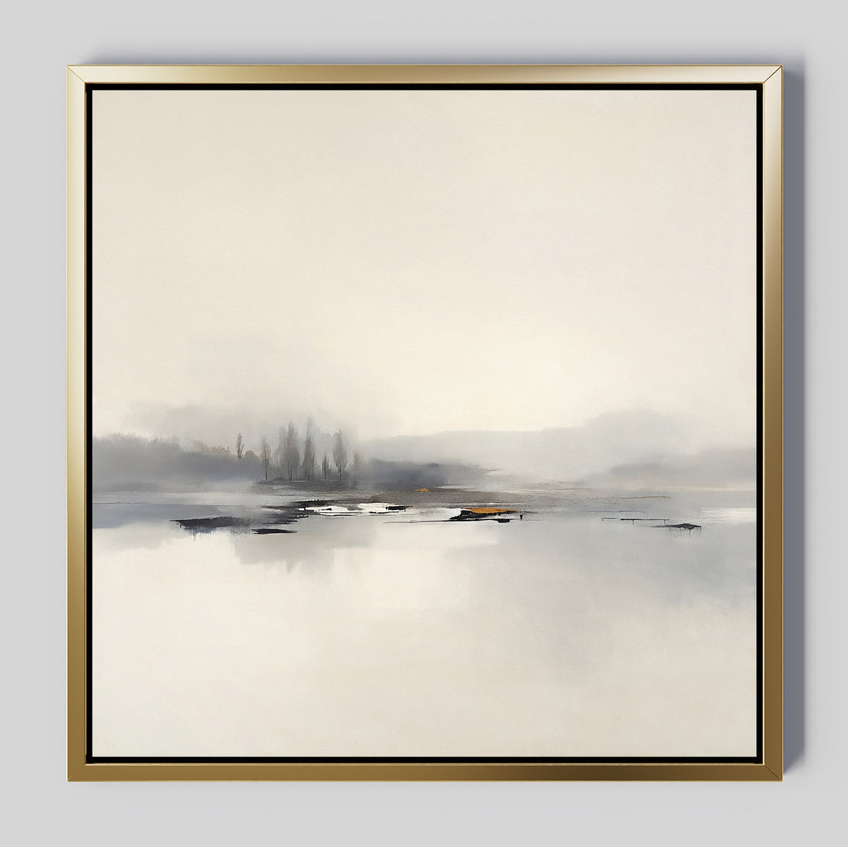The Peaceful Lake Morning Canvas Art - Square features minimalist, soft tones depicting a serene lakeside scene with distant trees and calm water. Framed in modern gold, it adds a peaceful touch to any light gray wall.