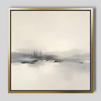 The Peaceful Lake Morning Canvas Art - Square features minimalist, soft tones depicting a serene lakeside scene with distant trees and calm water. Framed in modern gold, it adds a peaceful touch to any light gray wall.
