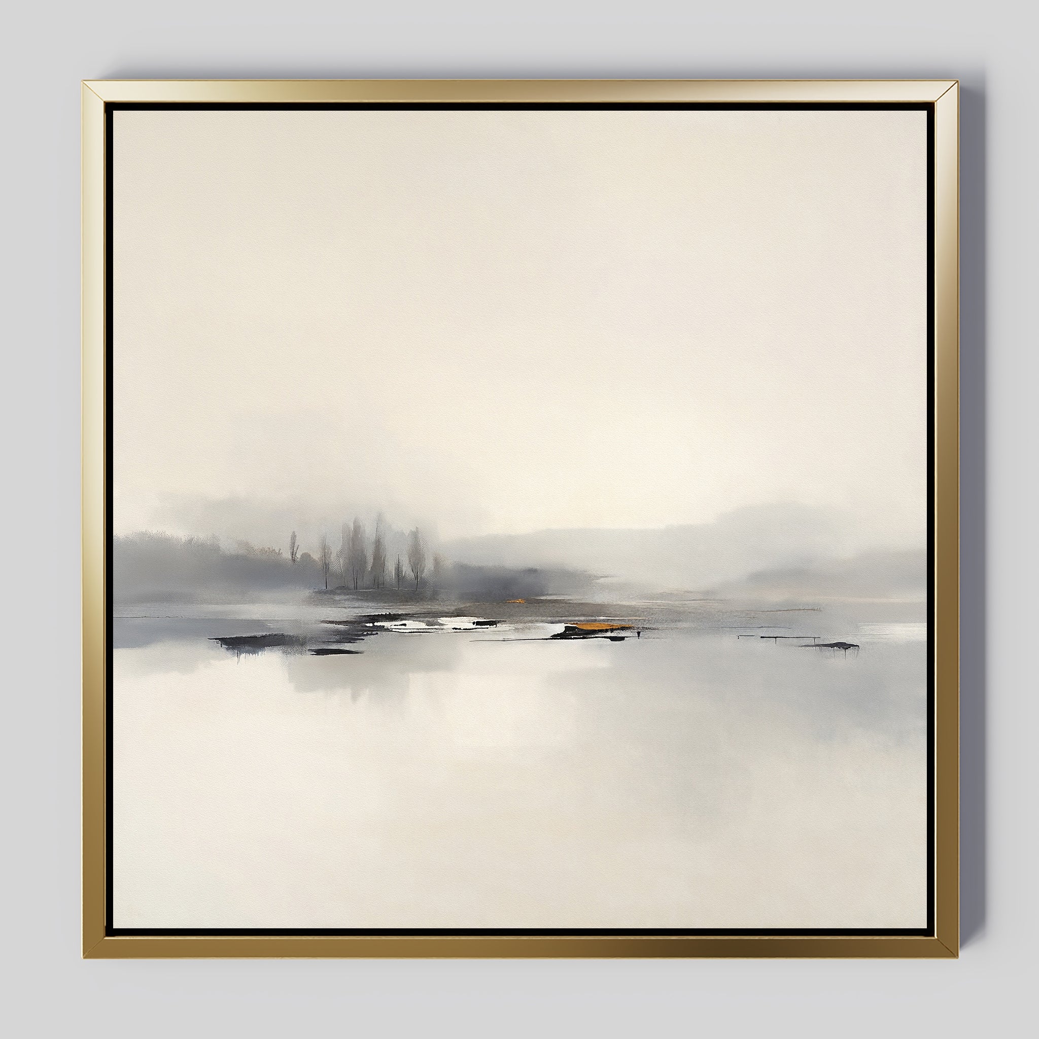 The Peaceful Lake Morning Canvas Art - Square features minimalist, soft tones depicting a serene lakeside scene with distant trees and calm water. Framed in modern gold, it adds a peaceful touch to any light gray wall.