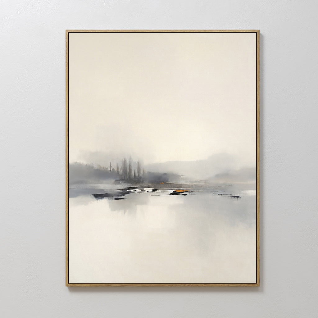 The Peaceful Lake Morning Canvas Art - Vertical showcases a serene landscape with soft, muted tones of faint trees and tranquil water, elegantly framed in thin gold on a light wall to create a peaceful atmosphere.