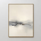 The Peaceful Lake Morning Canvas Art - Vertical showcases a serene landscape with soft, muted tones of faint trees and tranquil water, elegantly framed in thin gold on a light wall to create a peaceful atmosphere.