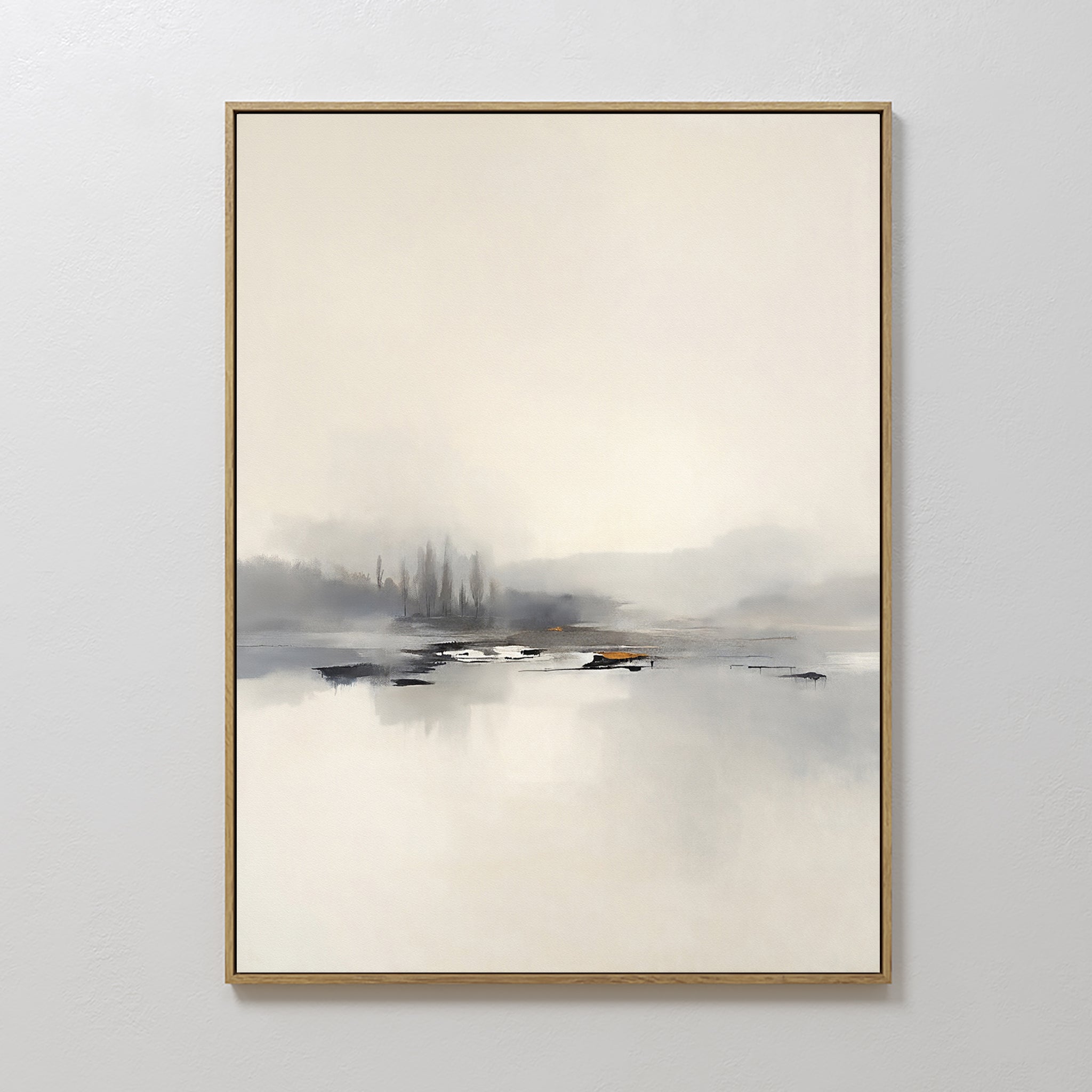 The Peaceful Lake Morning Canvas Art - Vertical showcases a serene landscape with soft, muted tones of faint trees and tranquil water, elegantly framed in thin gold on a light wall to create a peaceful atmosphere.