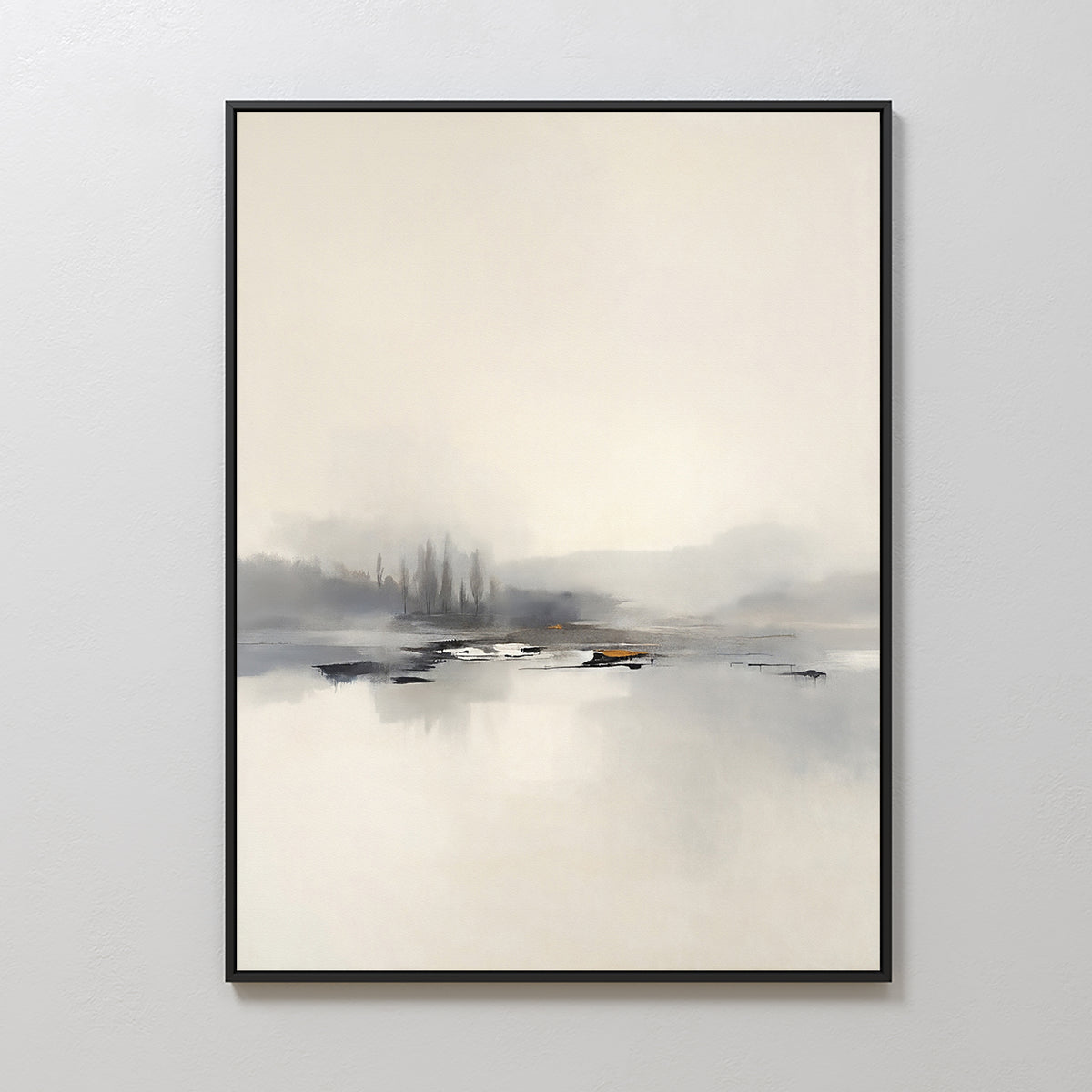 The Peaceful Lake Morning Canvas Art - Vertical features a minimalist misty lake with soft gray and beige tones, faint trees, and gentle reflections. This serene print is framed in black and displayed on a light-colored wall.