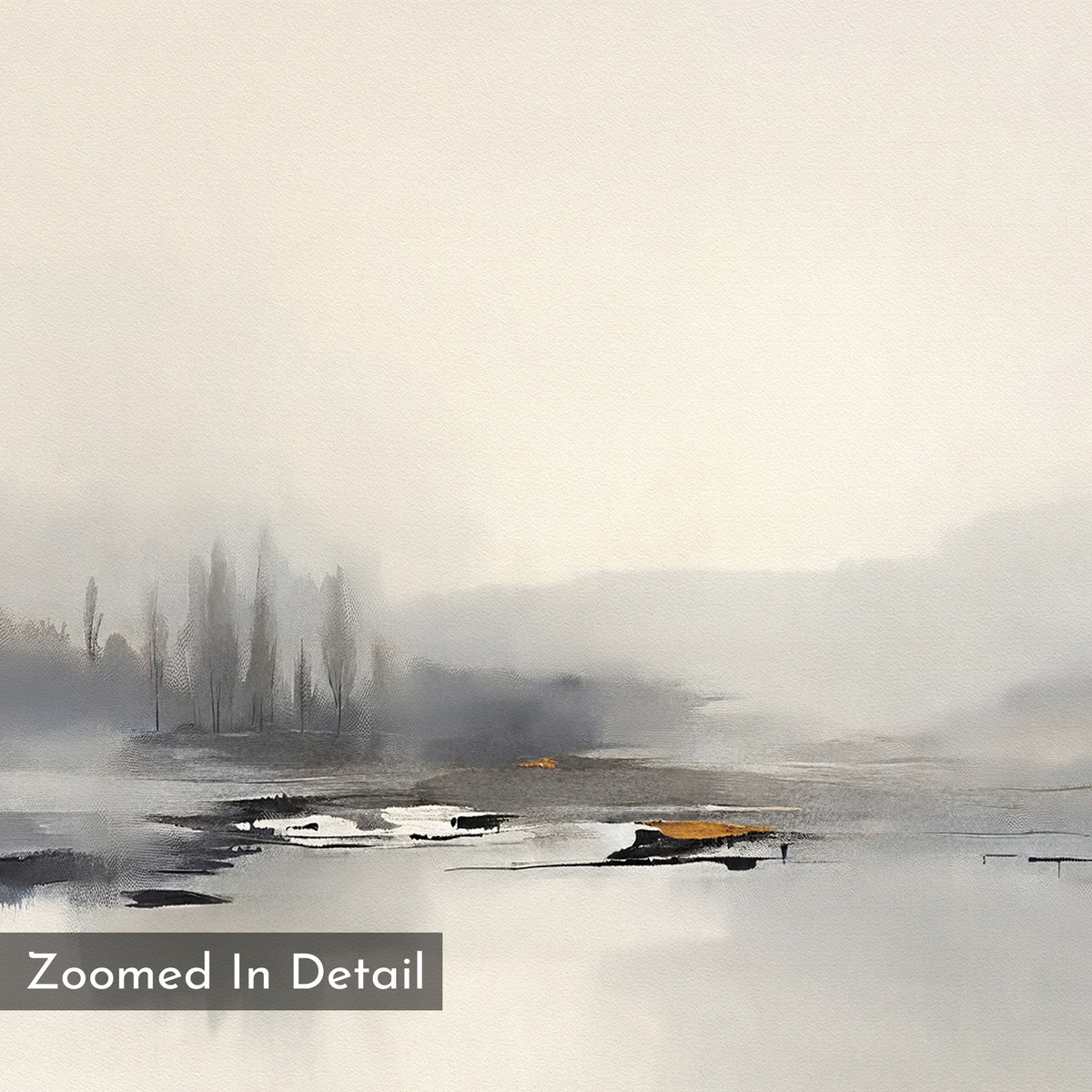 The "Peaceful Lake Morning Canvas Art - Vertical" features a misty, minimalist watercolor landscape with blurred trees and water reflections in soft gray and beige. Text in the corner reads, Zoomed In Detail, adding to its serene feel.