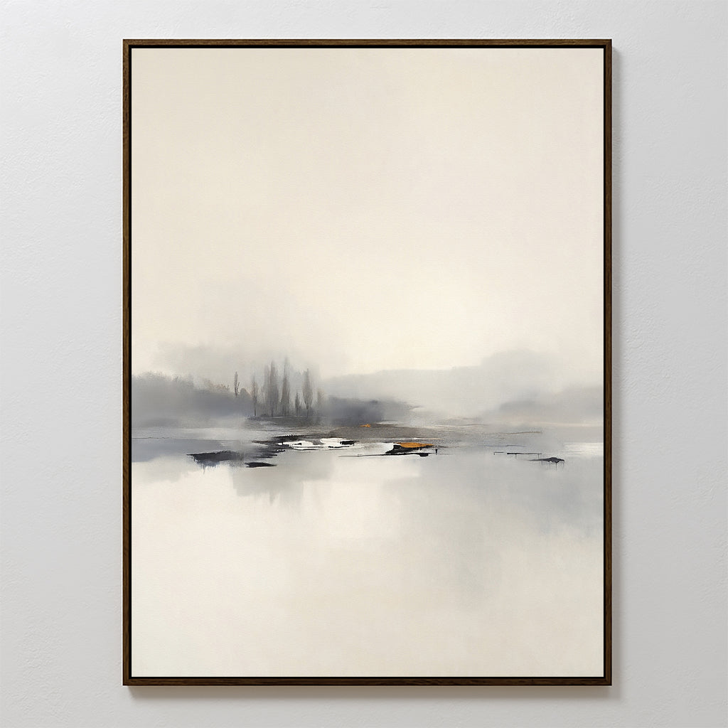 The Peaceful Lake Morning Canvas Art - Vertical features a minimalist misty landscape in soft gray, white, and beige tones, with faint trees and water reflections. This serene print comes framed in a slim, dark frame for a tranquil look.