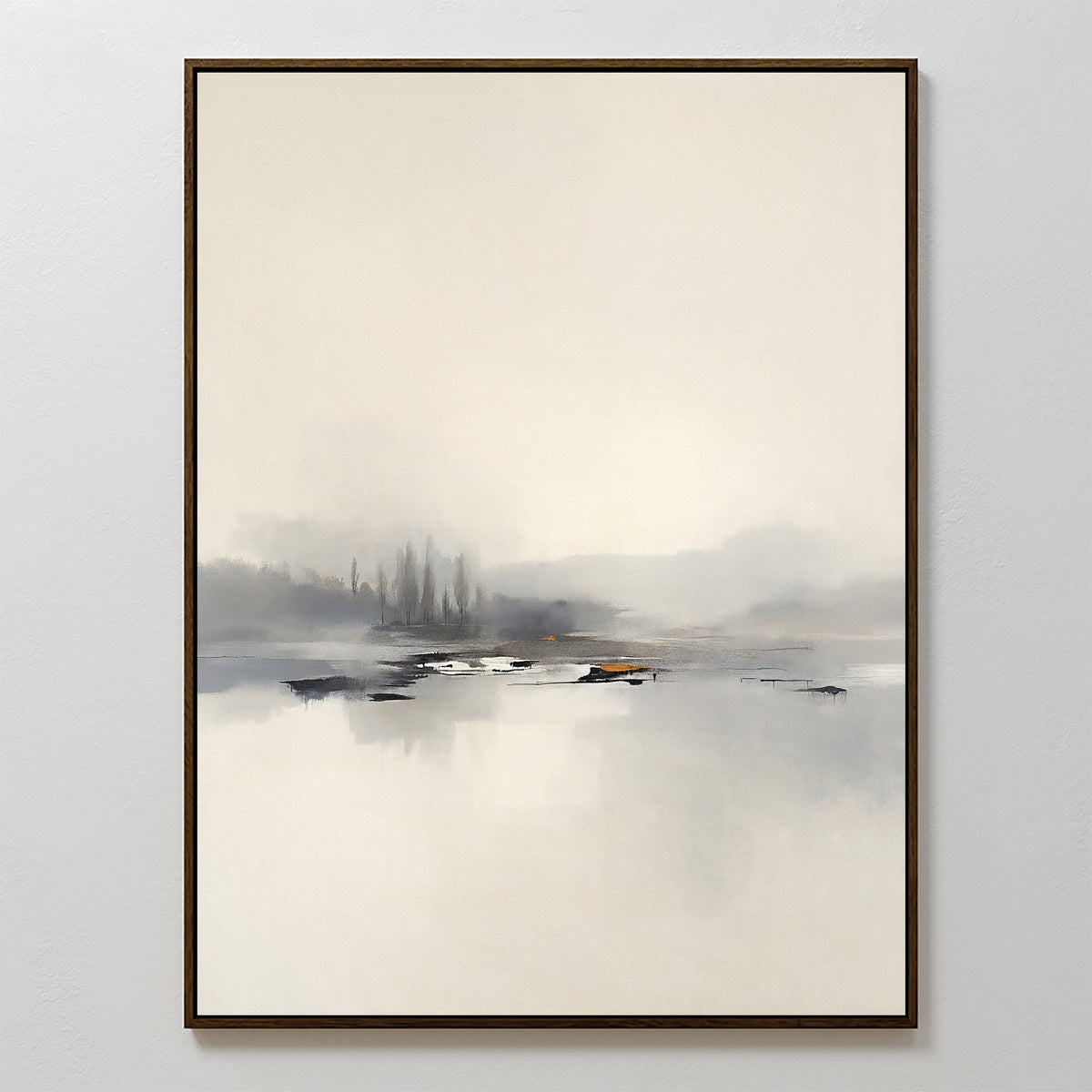 The Peaceful Lake Morning Canvas Art - Vertical features a minimalist misty landscape in soft gray, white, and beige tones, with faint trees and water reflections. This serene print comes framed in a slim, dark frame for a tranquil look.