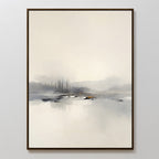 The Peaceful Lake Morning Canvas Art - Vertical features a minimalist misty landscape in soft gray, white, and beige tones, with faint trees and water reflections. This serene print comes framed in a slim, dark frame for a tranquil look.