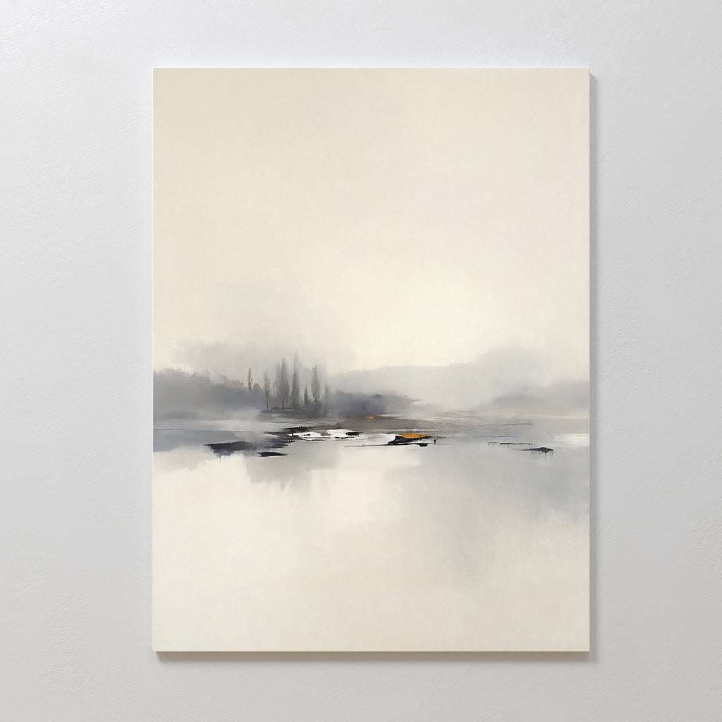 The "Peaceful Lake Morning Canvas Art - Vertical" features minimalist artwork of a foggy lakeside with blurred trees and soft gray, white, and beige tones, creating a serene and tranquil atmosphere perfect for any peaceful space.
