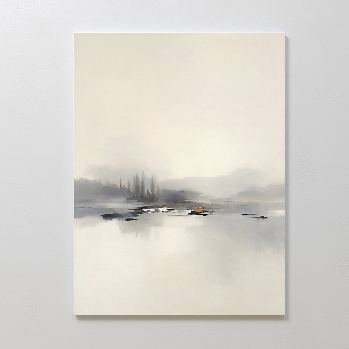 The "Peaceful Lake Morning Canvas Art - Vertical" features minimalist artwork of a foggy lakeside with blurred trees and soft gray, white, and beige tones, creating a serene and tranquil atmosphere perfect for any peaceful space.