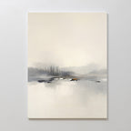 The "Peaceful Lake Morning Canvas Art - Vertical" features minimalist artwork of a foggy lakeside with blurred trees and soft gray, white, and beige tones, creating a serene and tranquil atmosphere perfect for any peaceful space.