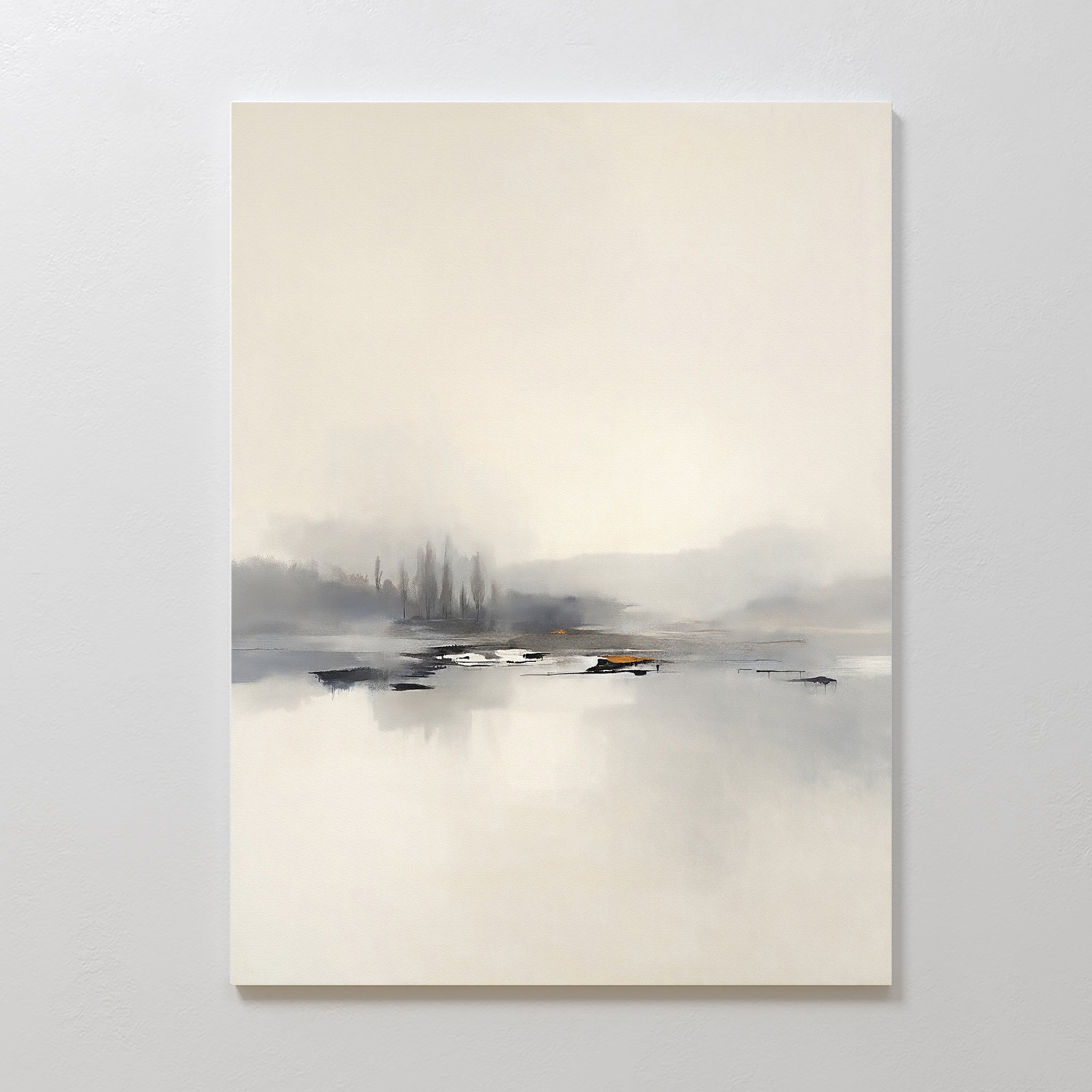 The "Peaceful Lake Morning Canvas Art - Vertical" features minimalist artwork of a foggy lakeside with blurred trees and soft gray, white, and beige tones, creating a serene and tranquil atmosphere perfect for any peaceful space.