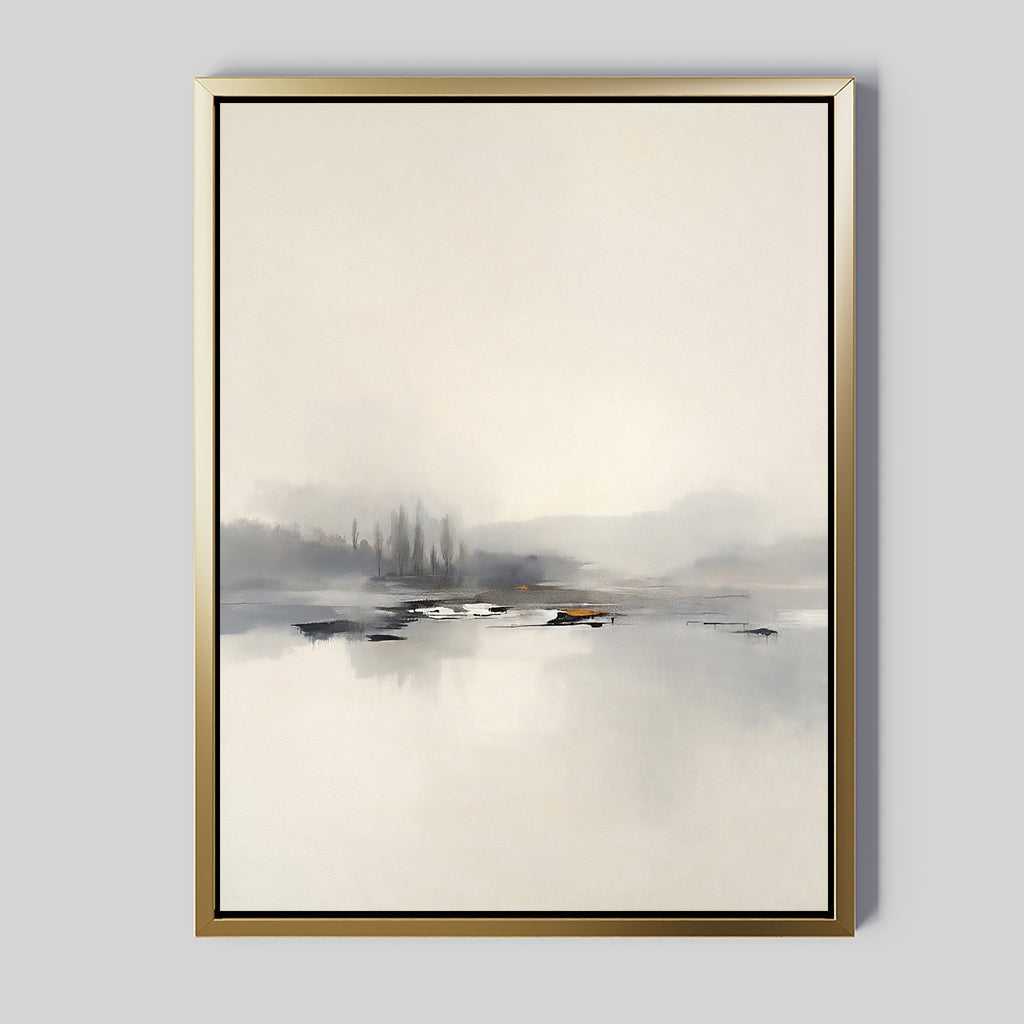 Peaceful Lake Morning Canvas Art - Vertical features minimalist artwork with soft, muted tones depicting a serene lakeside landscape. Faint trees and distant hills reflect in calm water, all framed in a simple gold-colored frame.