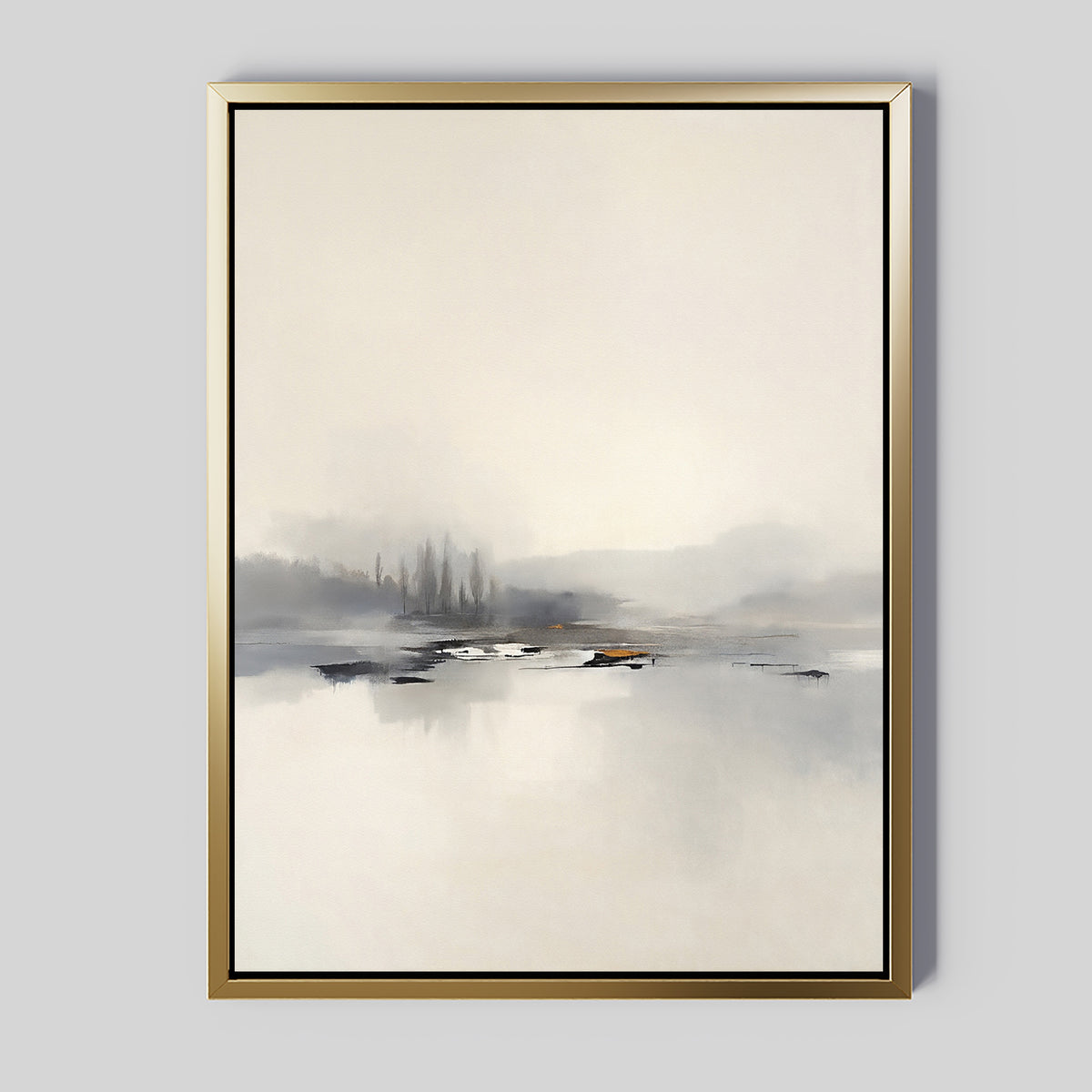 Peaceful Lake Morning Canvas Art - Vertical features minimalist artwork with soft, muted tones depicting a serene lakeside landscape. Faint trees and distant hills reflect in calm water, all framed in a simple gold-colored frame.