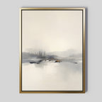 Peaceful Lake Morning Canvas Art - Vertical features minimalist artwork with soft, muted tones depicting a serene lakeside landscape. Faint trees and distant hills reflect in calm water, all framed in a simple gold-colored frame.