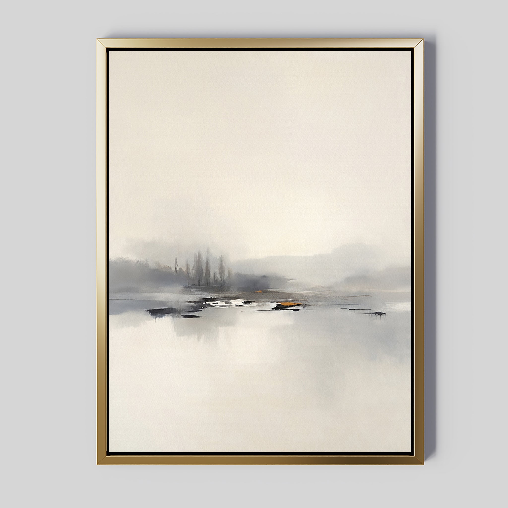 Peaceful Lake Morning Canvas Art - Vertical features minimalist artwork with soft, muted tones depicting a serene lakeside landscape. Faint trees and distant hills reflect in calm water, all framed in a simple gold-colored frame.