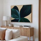 A modern living room features a beige sofa, wooden sideboard with books and a white lamp, and large framed Deep Navy Abstract Canvas Art, enhancing the living room decor.