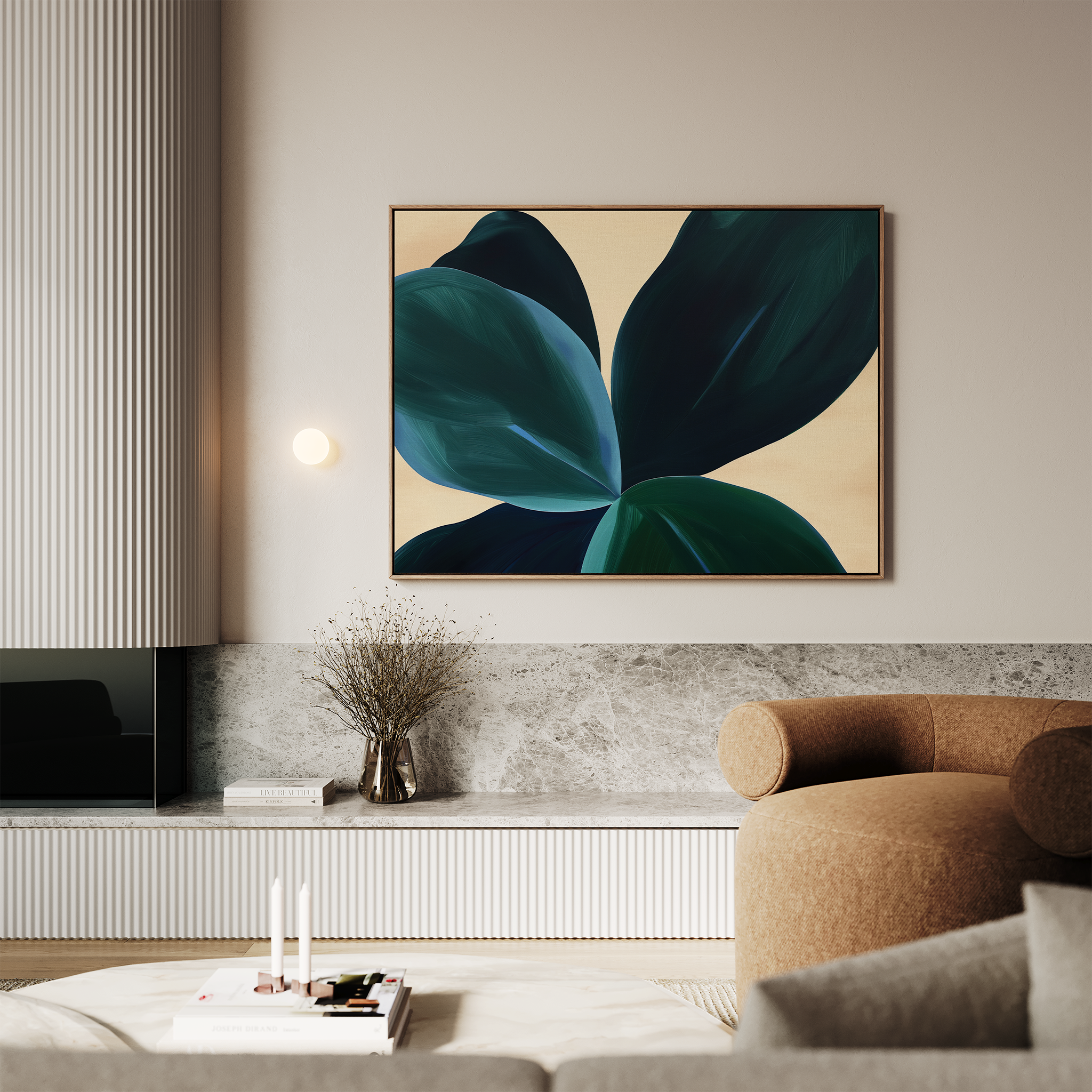 A modern living room with neutral tones features minimalist wall art—a large Deep Navy Abstract Canvas Art—a marble shelf with a vase of dried flowers, and a curved brown sofa, creating elegant and inviting living room decor.