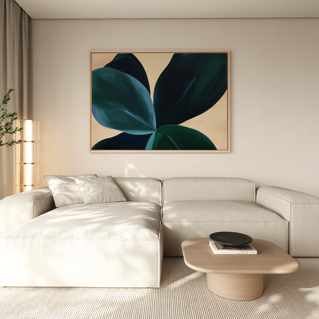 A modern living room with a beige sectional sofa, neutral walls, a wooden coffee table with books and a bowl, and Deep Navy Abstract Canvas Art above the couch. Sheer curtains let in light, enhancing the room’s elevated decor.