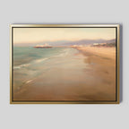 Pier Dreams Canvas Art - Horizontal: A framed beach scene with gentle waves, sandy shore, and a distant pier under a hazy sky—ideal dreamy wall art for Nordic Park decor.