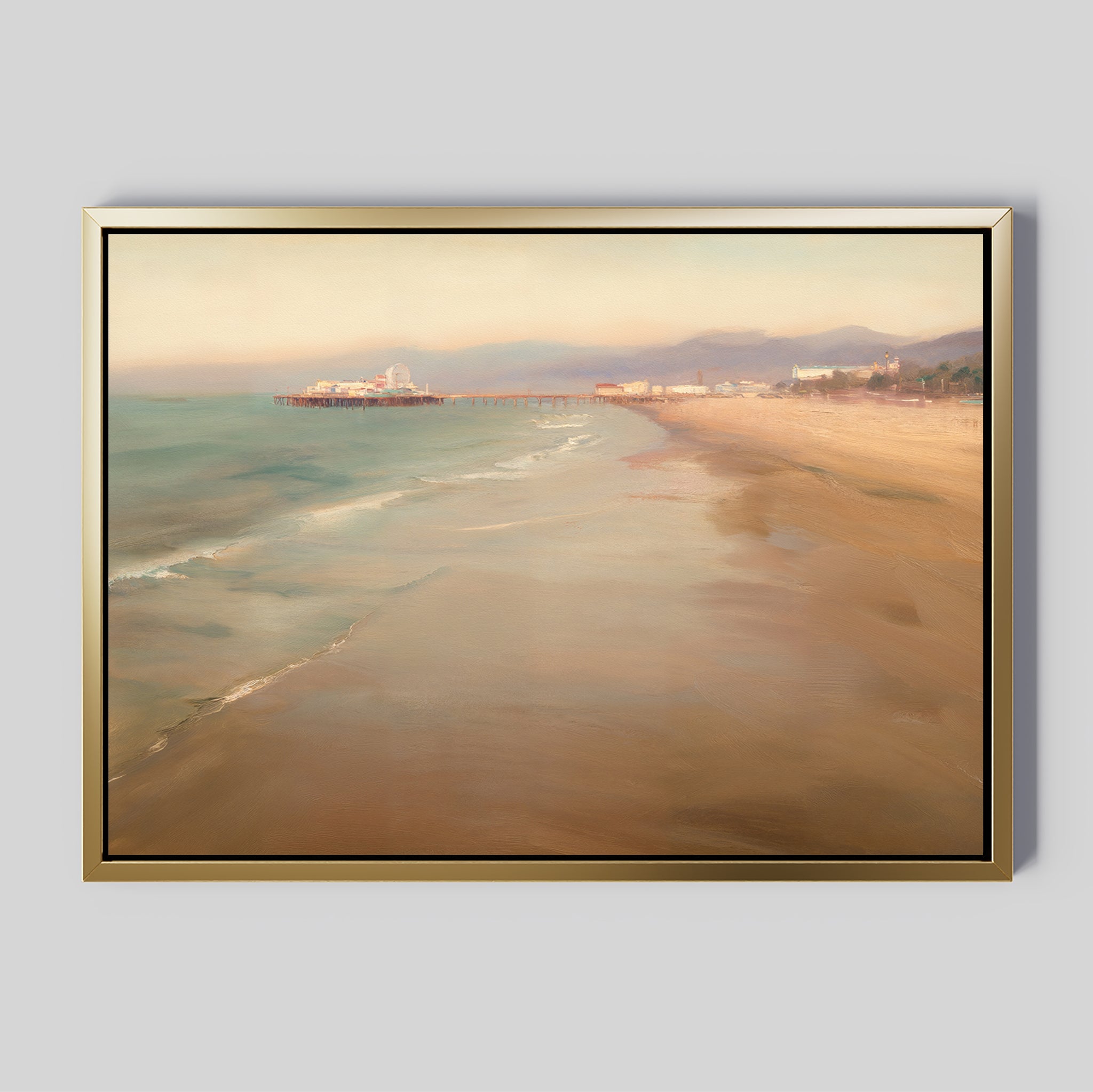 Pier Dreams Canvas Art - Horizontal: A framed beach scene with gentle waves, sandy shore, and a distant pier under a hazy sky—ideal dreamy wall art for Nordic Park decor.