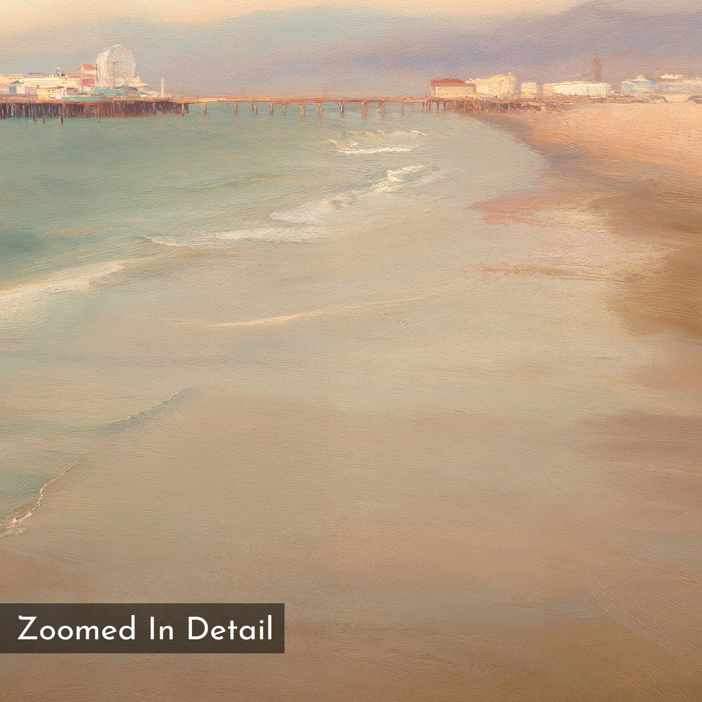 The "Pier Dreams Canvas Art - Horizontal" features a soft, painterly beach scene with gentle waves, a distant pier, and shoreline buildings. “Zoomed In Detail” appears in the corner—ideal for those who love dreamy coastal canvas prints.
