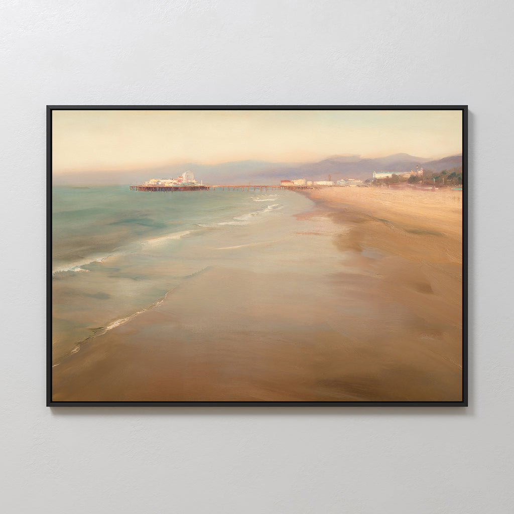 The Pier Dreams Canvas Art - Horizontal features a serene beach with gentle waves, a wide sandy shore, distant pier, and hazy mountains—making it the perfect coastal wall art for a dreamy touch to any space.