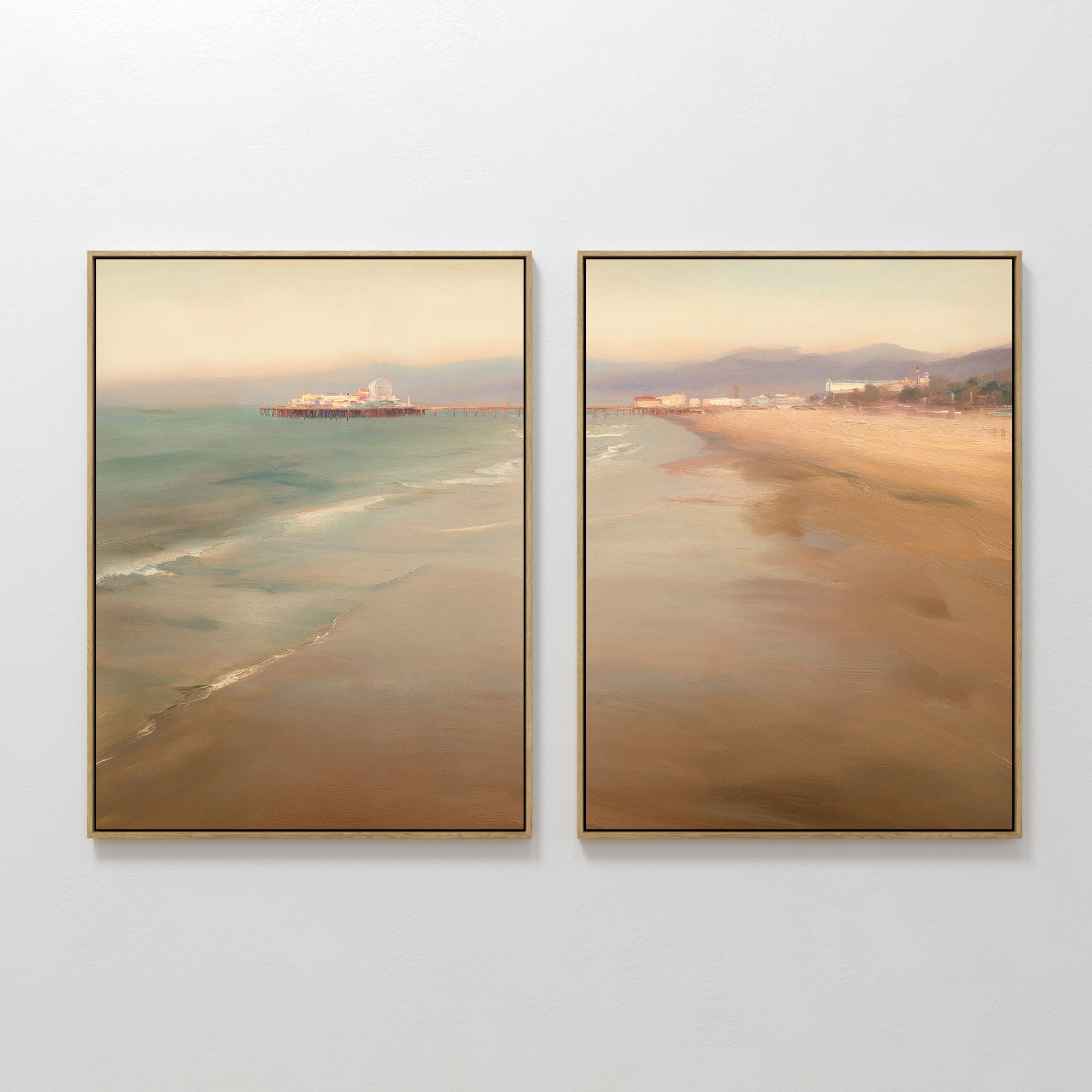 The "Pier Dreams - Set of 2" features framed wall art: one print captures water and a pier, while the other showcases a sandy shore under a pastel sky—ideal coastal canvas decor.