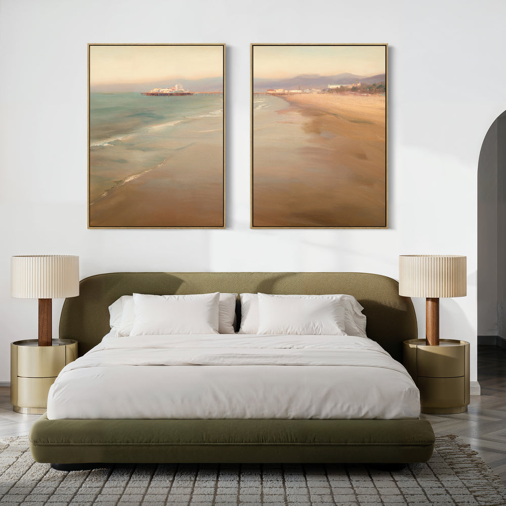 A modern bedroom with a green upholstered bed, white bedding, two beige nightstands with matching lamps, and Pier Dreams - Set of 2 large canvas prints as dreamy wall art above the bed.