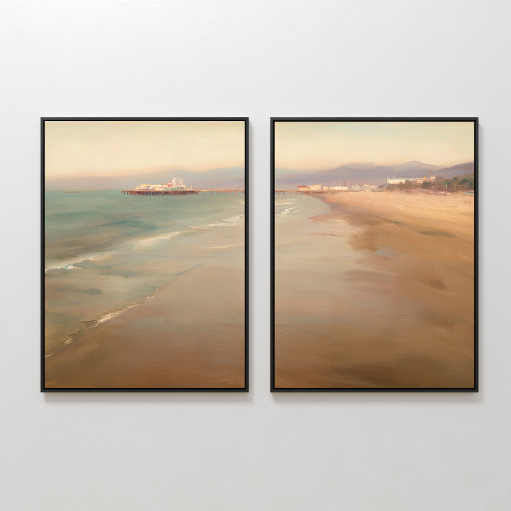 Pier Dreams - Set of 2 features framed artworks depicting a serene beach scene with calm waves, sandy shore, a distant pier, and soft pastel sky—ideal wall art to bring peaceful coastal vibes to your space.