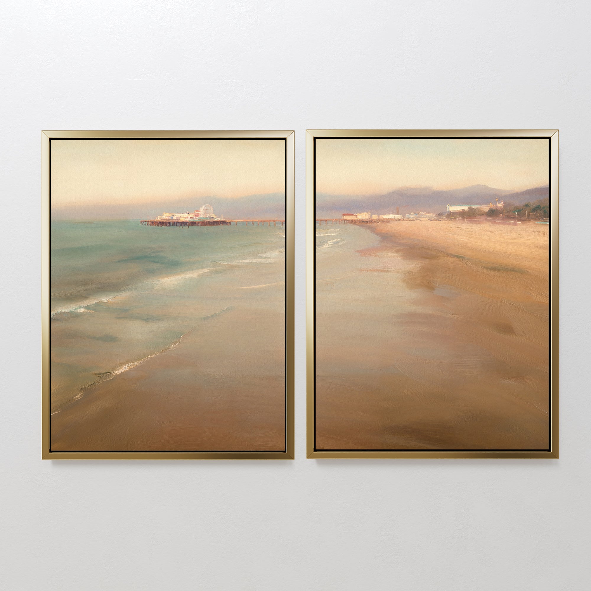 The "Pier Dreams - Set of 2" features framed coastal canvas prints showing a tranquil beach, gentle waves, and a hazy sky. These warm-toned pieces bring Nordic Park-inspired serenity and dreamy charm to your space.