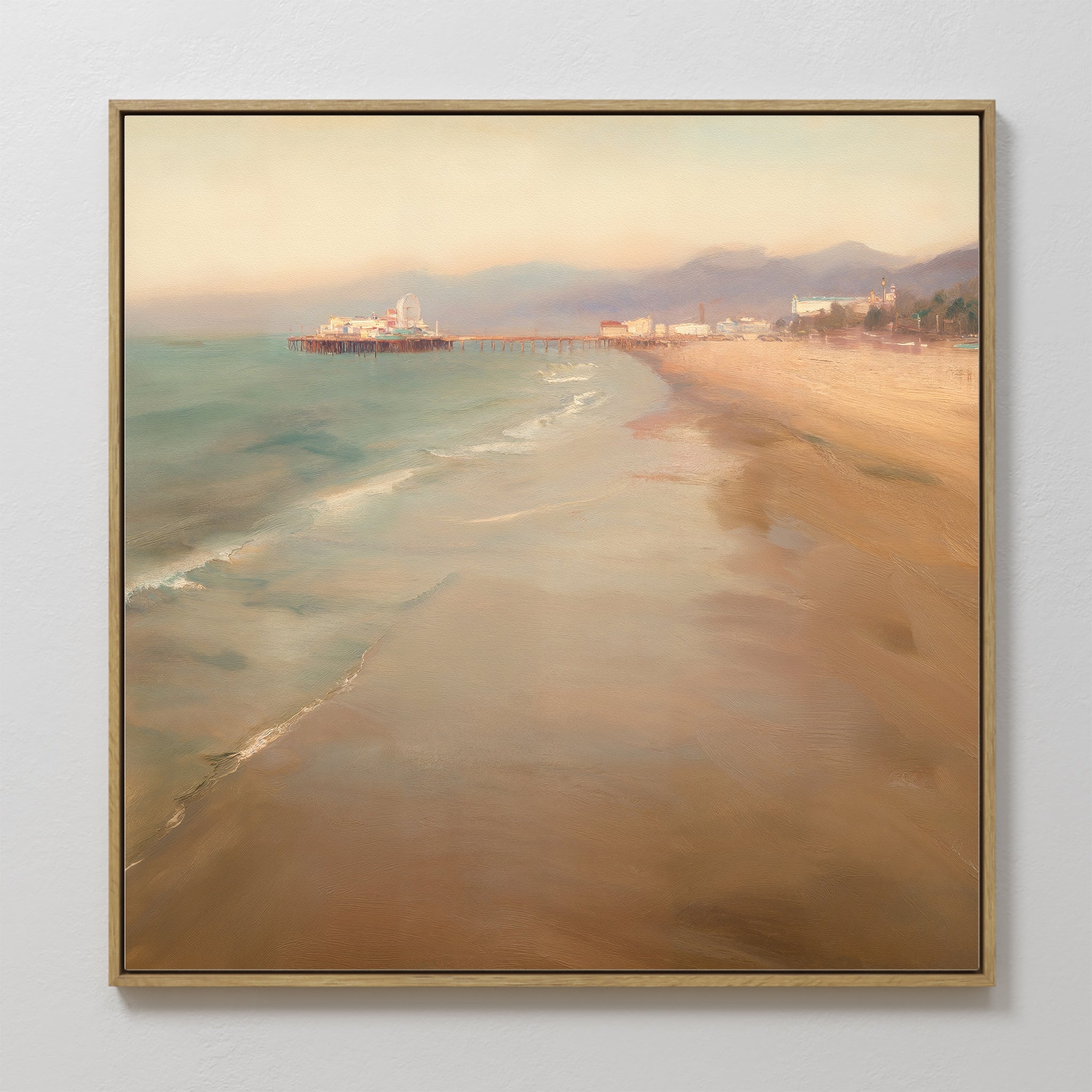 Bring serene Nordic Park vibes to your space with the "Pier Dreams Canvas Art - Square," featuring a sandy beach, gentle waves, a pier stretching into calm sea, and distant mountains beneath a hazy sky—perfect dreamy wall décor.