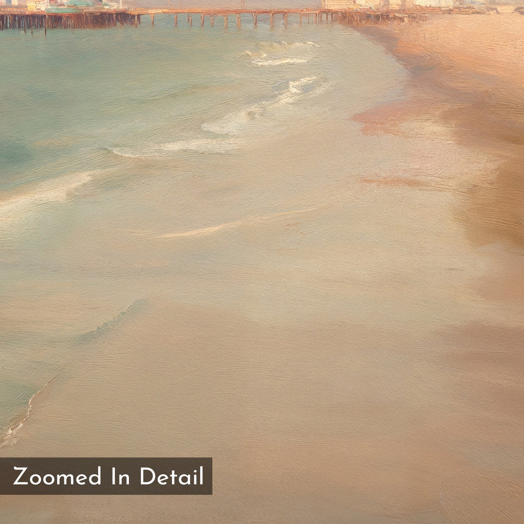 Experience the serene beauty of "Pier Dreams Canvas Art - Square," featuring a sandy beach, gentle waves, and a wooden pier from above with a soft, painterly effect. Includes zoomed-in detail in the bottom left—ideal as dreamy coastal wall art.