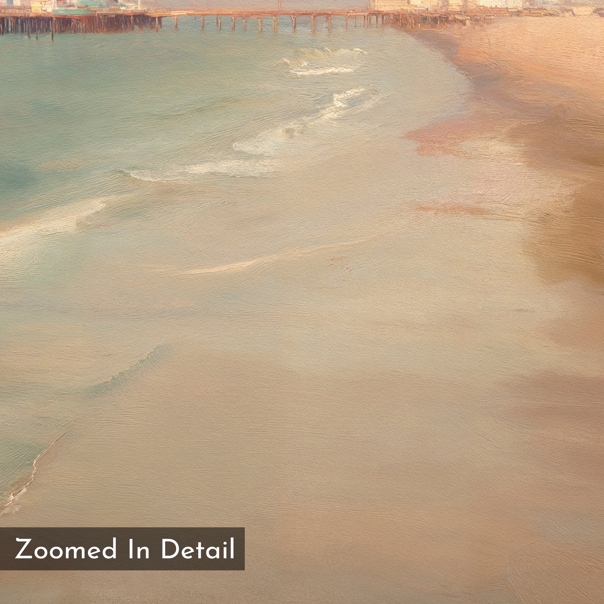Experience the serene beauty of "Pier Dreams Canvas Art - Square," featuring a sandy beach, gentle waves, and a wooden pier from above with a soft, painterly effect. Includes zoomed-in detail in the bottom left—ideal as dreamy coastal wall art.