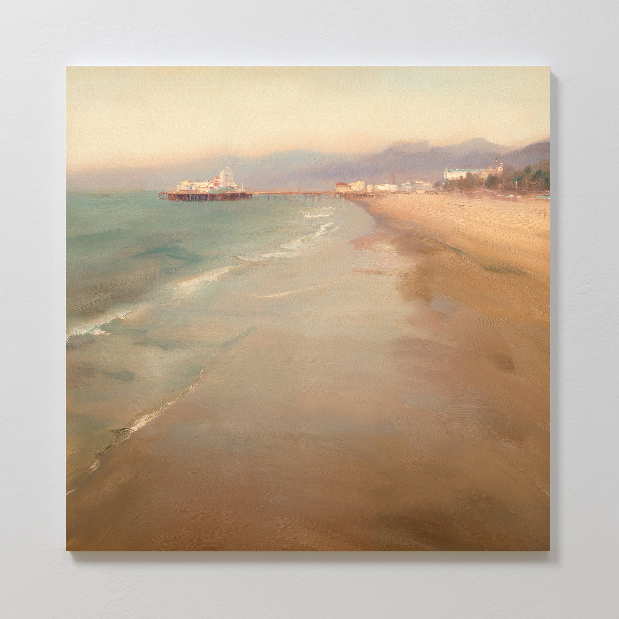 The Pier Dreams Canvas Art - Square features a calm beach at sunset with gentle waves, sandy shore, distant pier, and pastel sky—an ideal coastal print to add serenity to any space.