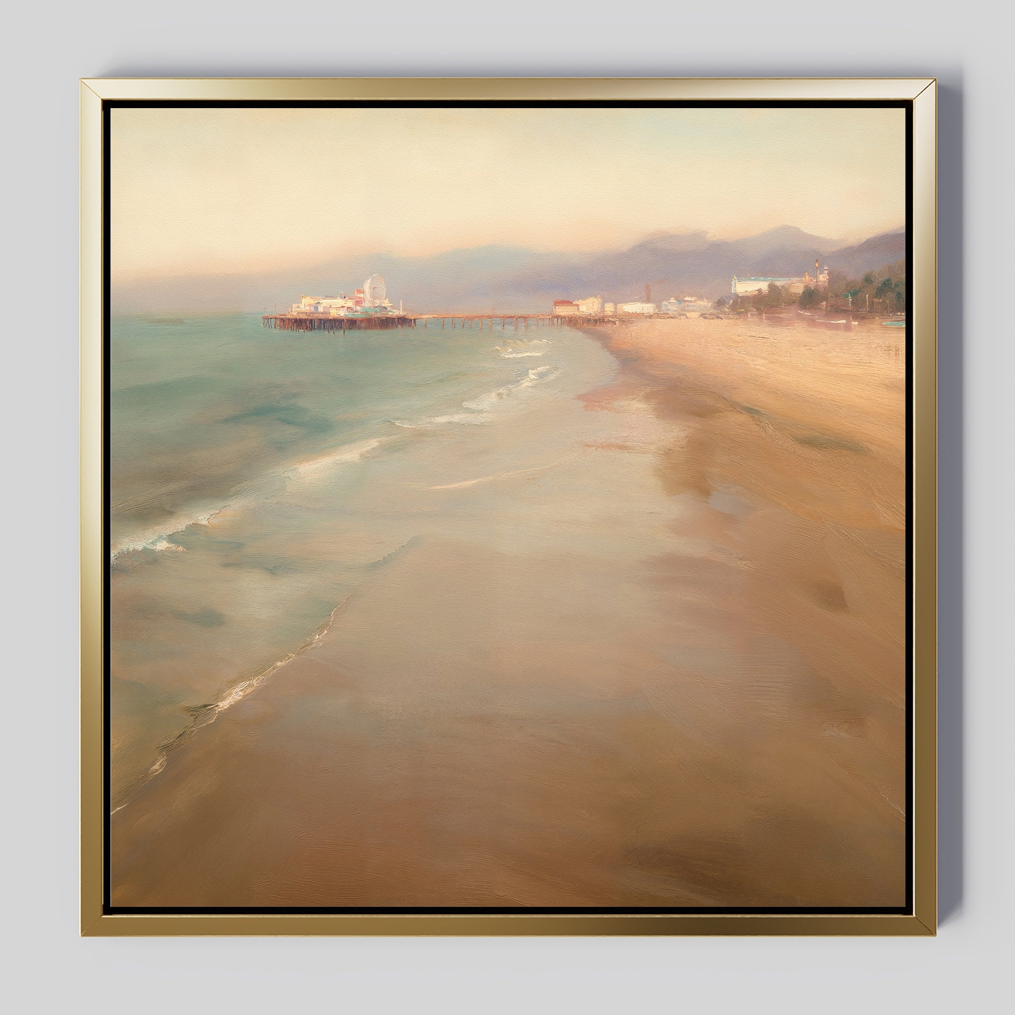 The Pier Dreams Canvas Art - Square features a serene beach with gentle waves, a sandy shore, distant pier, and soft buildings under a hazy sky—ideal dreamy wall art in muted tones for any room.