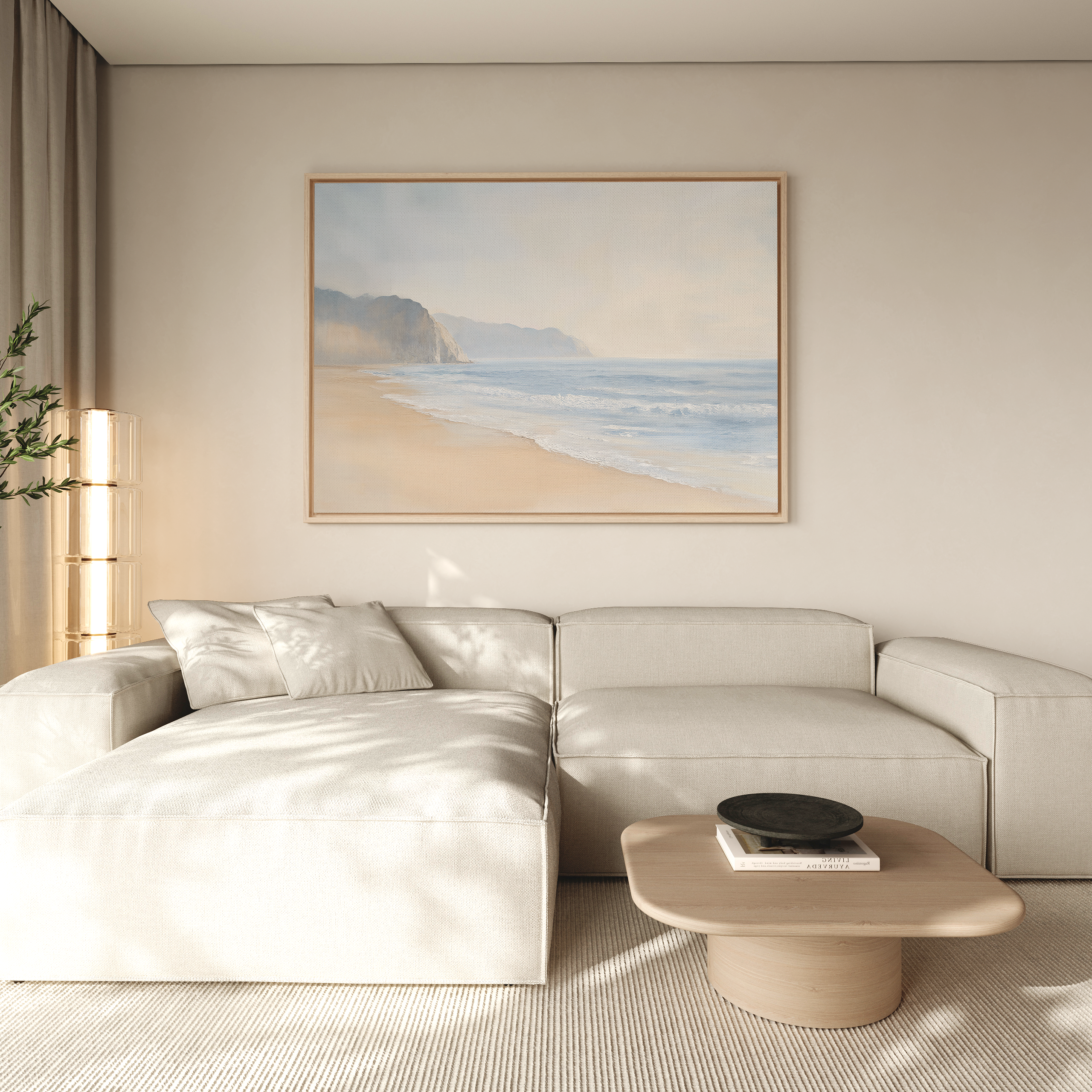 A modern living room features a light beige sectional sofa, a low wooden coffee table, and the Coastal Cliffs Canvas Art. Soft natural light fills the space, creating a calm, airy vibe ideal for contemporary home decor.